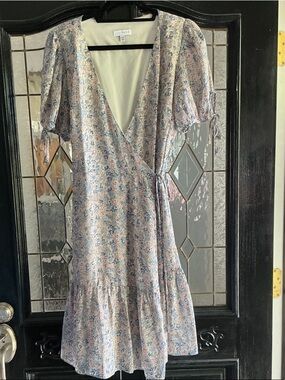 Lucy Paris Blue and Cream Floral Wrap Midi Dress